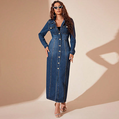 Vestido cárdigan de mezclilla con botones para mujer – Corte urbano de manga larga