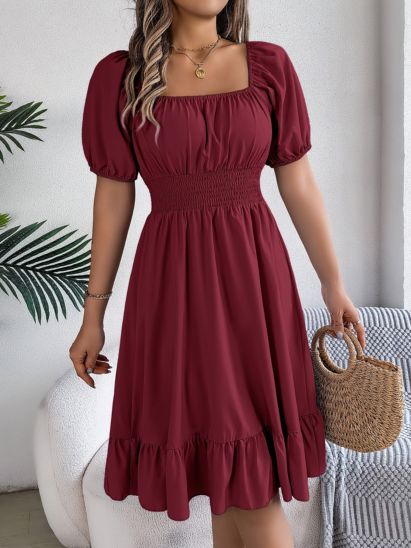 Vestido maxi de línea A con cuello cuadrado y mangas abullonadas – Elegante para primavera y verano