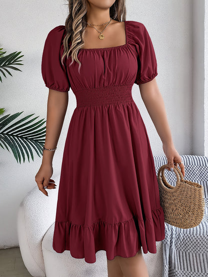 Vestido maxi de línea A con cuello cuadrado y mangas abullonadas – Elegante para primavera y verano