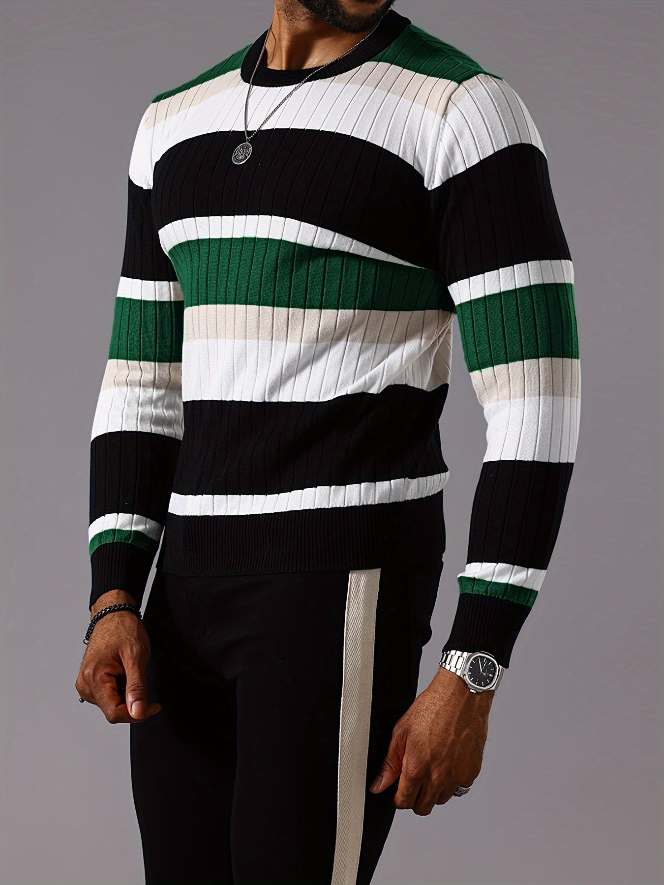 Men’s Striped Ribbed Knit Sweater – Color-Block Fall Winter Pullover