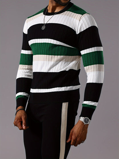 Men’s Striped Ribbed Knit Sweater – Color-Block Fall Winter Pullover