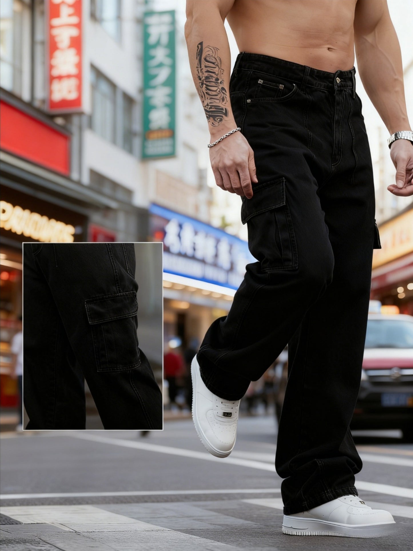 Jean taille large urbain – Jean délavé à poches multiples