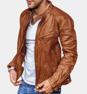 Chaqueta de cuero PU punk para hombre – Abrigo de motorista informal con cuello alto
