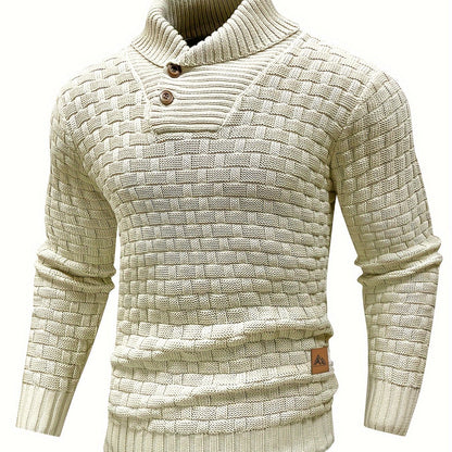 Men’s Waffle Knit Sweater – High Stretch Pullover with Lapel Collar