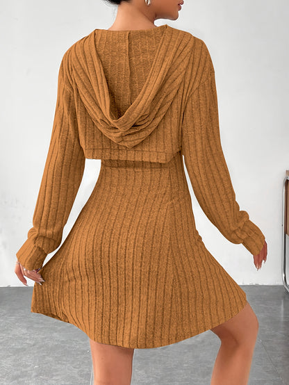Women’s Ribbed Two-Piece Dress Set – Hooded Short Top & Bodycon Dress