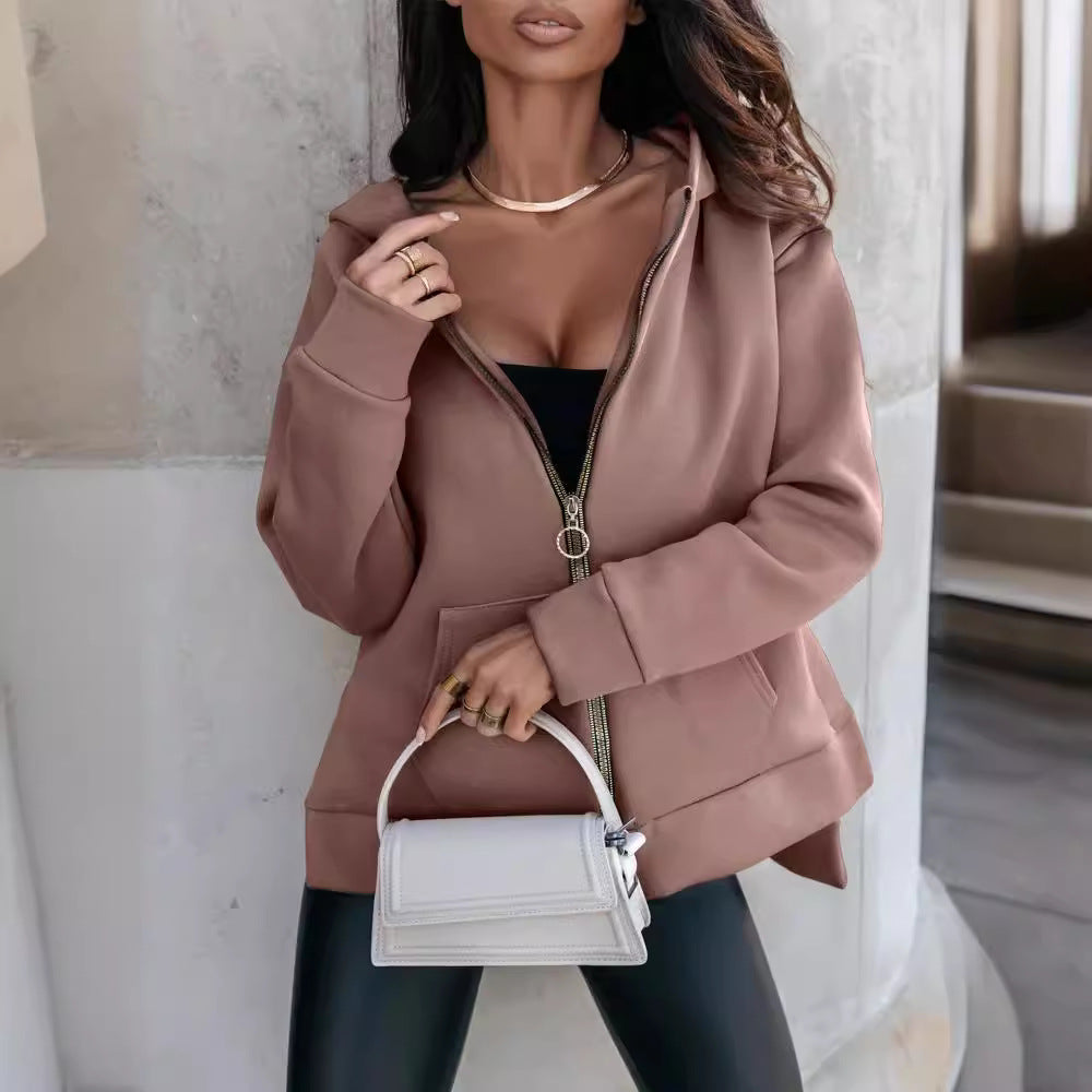 Sudadera suelta con cremallera y bolsillos para mujer – Estilo deportivo informal