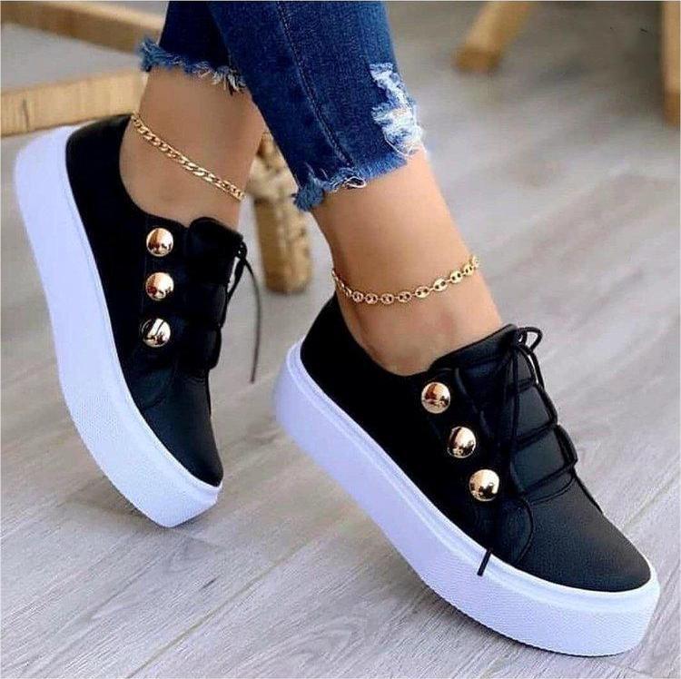 Loom & Soul™ Rivet Lace-Up Sneakers – Women’s PU Leather Casual Shoes with 3–5CM Lift & Wear-Resistant Sole