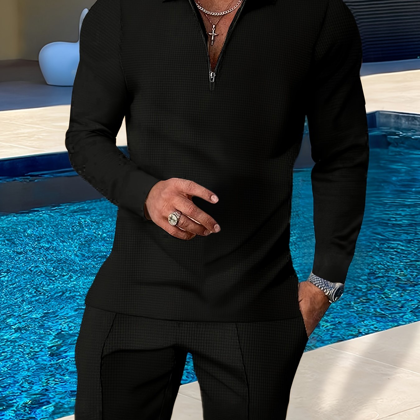 Men’s Lightweight Casual Suit Set – Half-Zip Lapel Top & Pants