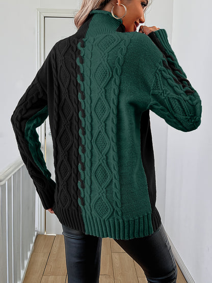 Elegant High-Neck Striped Blouse – Color-Block Knit Long Sleeve Top