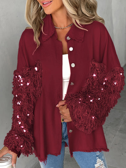 Women’s Sequin Tassel Patchwork Shacket – Fuzzy Contrast Long Sleeve Jacket
