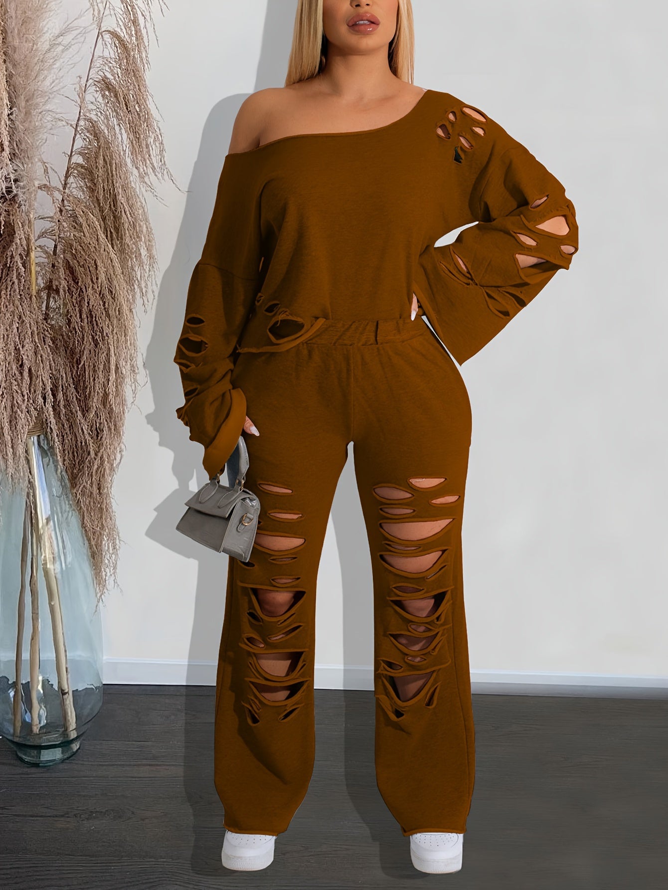 Women’s 2-Piece Off-Shoulder Distressed Set – Long Sleeve Top & Ripped Pants