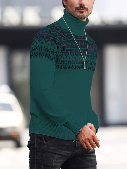 Suéter de cuello alto geométrico para hombre - Suéter informal de punto para otoño e invierno
