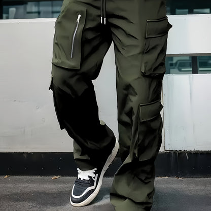 Men’s Black Cargo Pants – Multi-Zip Loose-Fit Outdoor Joggers for Spring/Fall