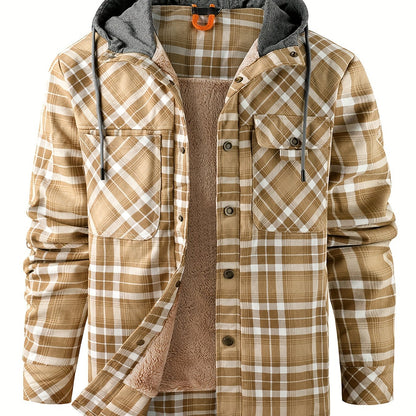 Men’s Plaid Flannel Hooded Jacket – Asymmetrical Button Tartan Coat