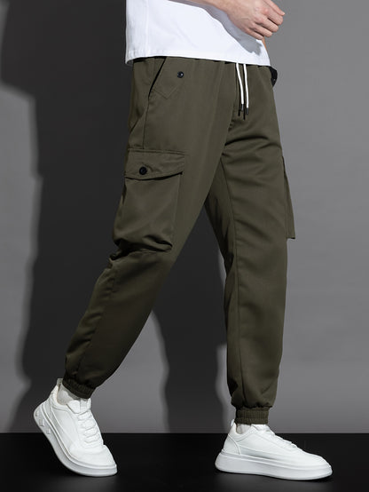 Men’s Olive Cargo Pants – Multi-Pocket Drawstring Utility Trousers