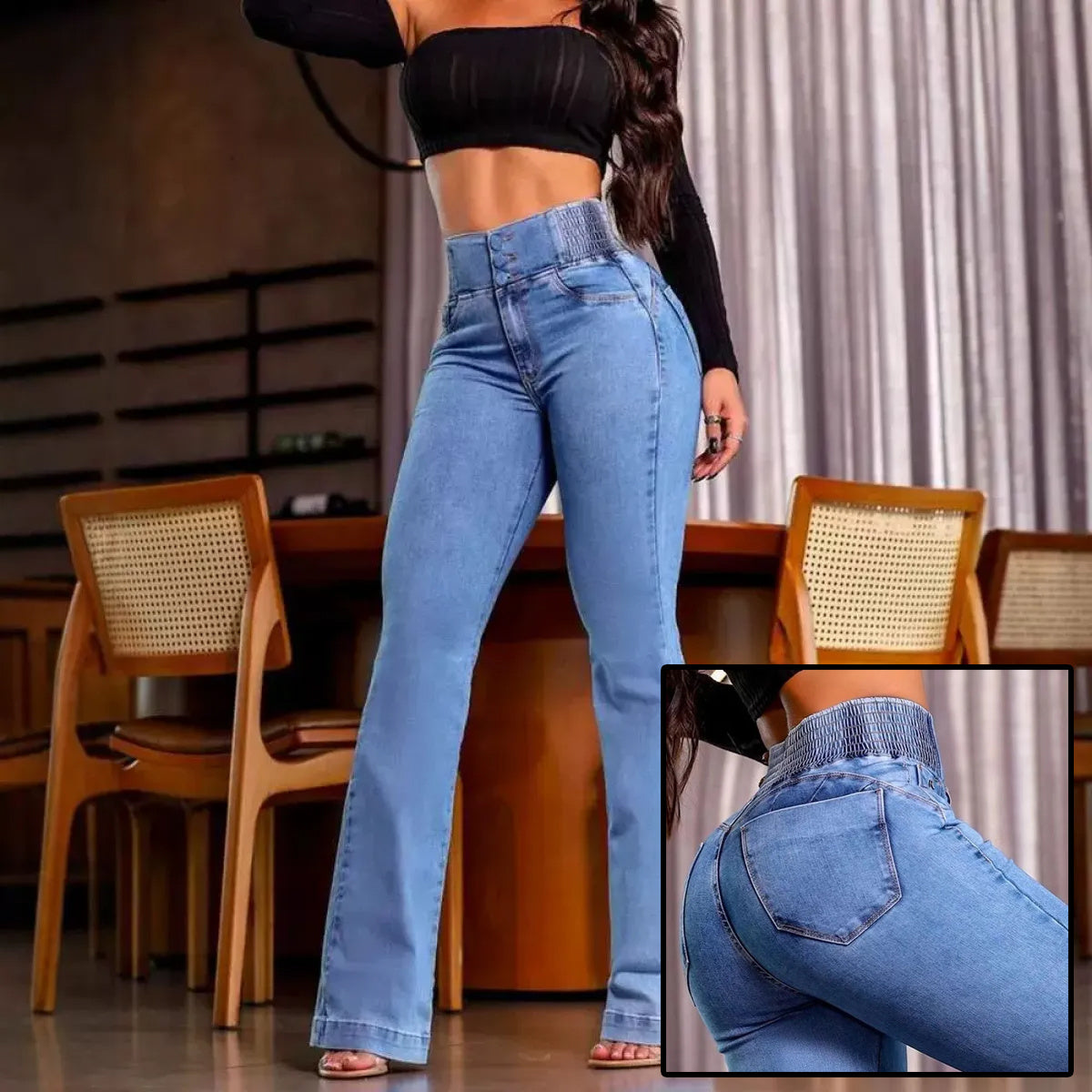 Loom & Soul™ High-Waist Button Front Jeans – Women’s Elegant Shirred-Back Slim Fit Denim Pants