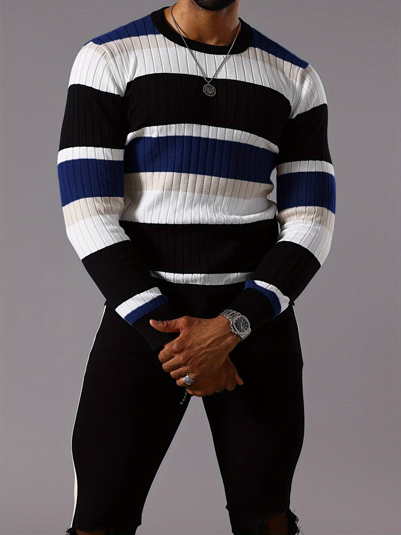 Men’s Striped Ribbed Knit Sweater – Color-Block Fall Winter Pullover