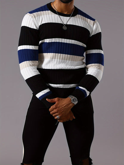 Men’s Striped Ribbed Knit Sweater – Color-Block Fall Winter Pullover