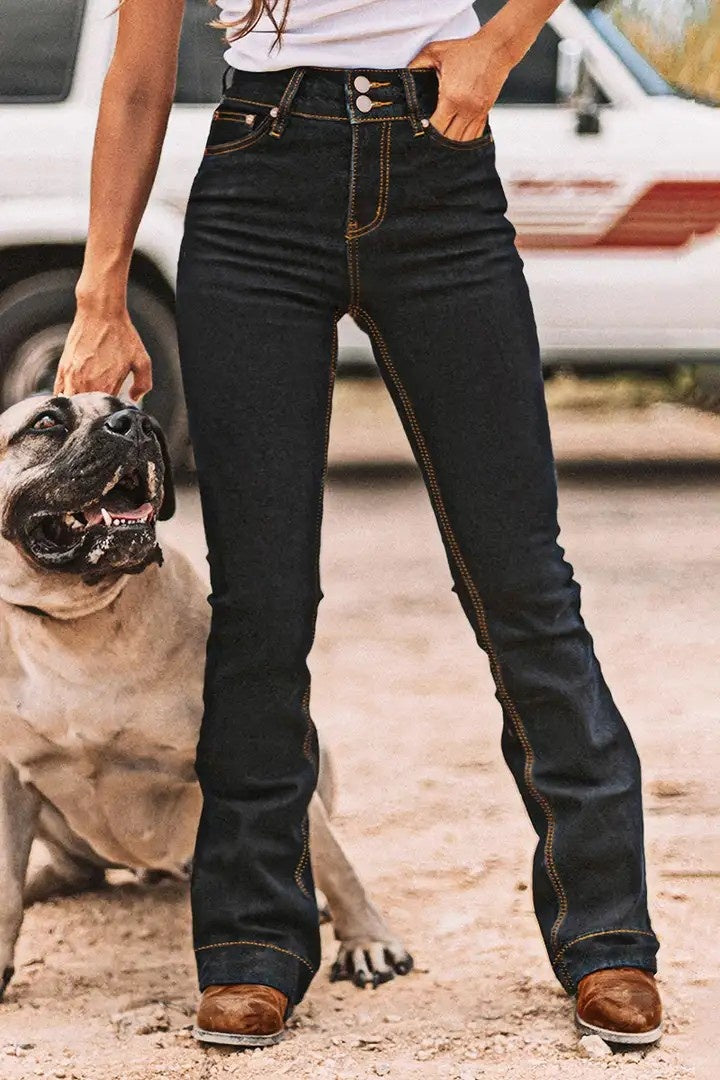 Vaqueros acampanados de tiro alto para mujer – Denim de doble botón con control de abdomen