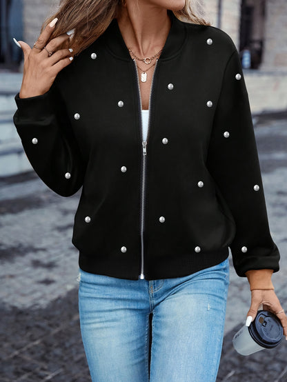 Pearl Embellished Baseball Jacket – Elegant Women’s Button-Up Outerwear