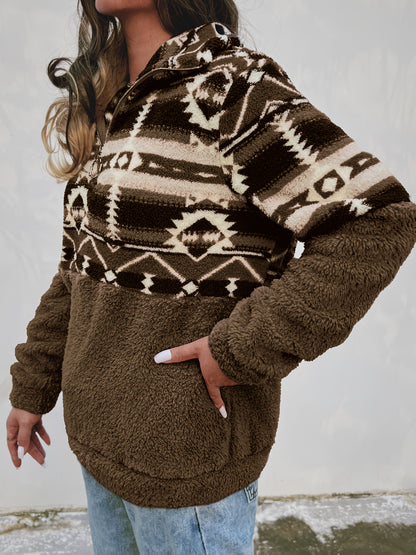 Geo Pattern Teddy Sweatshirt – Half-Zip Fleece Pullover for Fall & Winter