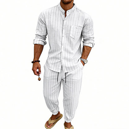 Men’s Striped Henley Set – Linen Jogger Streetwear Outfit