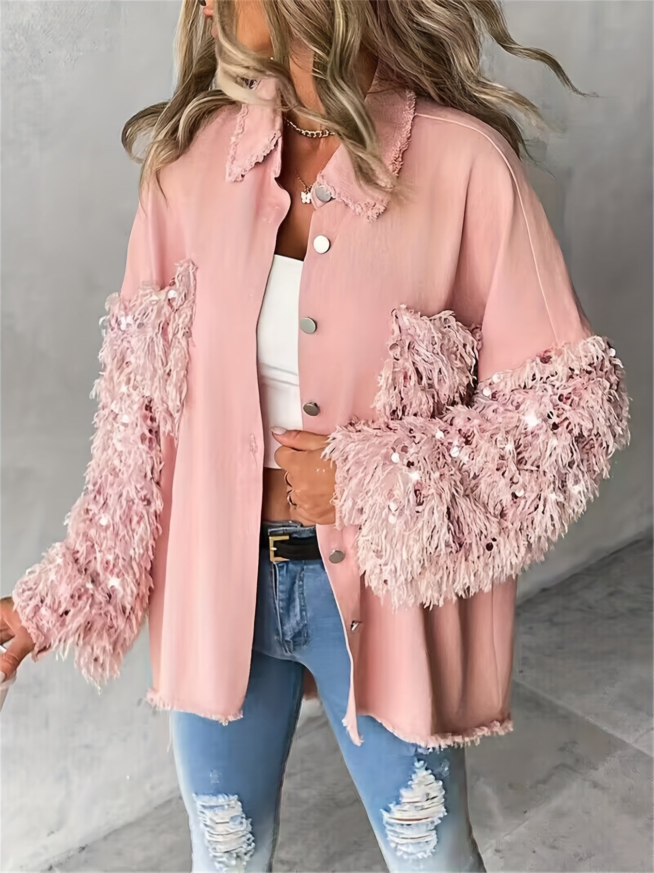 Women’s Sequin Tassel Patchwork Shacket – Fuzzy Contrast Long Sleeve Jacket