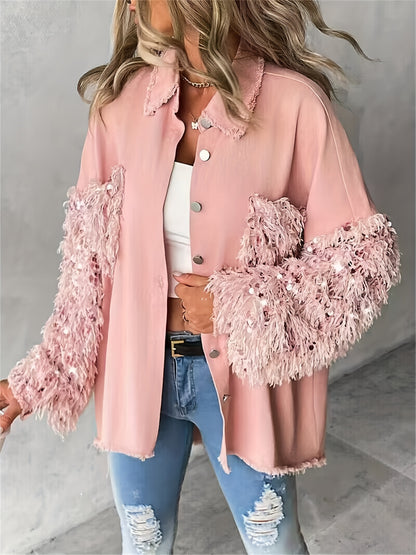 Women’s Sequin Tassel Patchwork Shacket – Fuzzy Contrast Long Sleeve Jacket