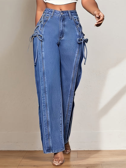 Jean large à nœud latéral – Denim taille mi-haute coupe décontractée