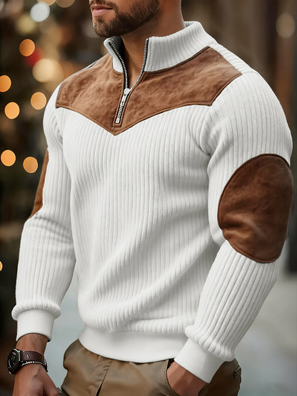 Men’s Stand Collar Half-Zip Pullover – Warm Ribbed Retro Sweatshirt
