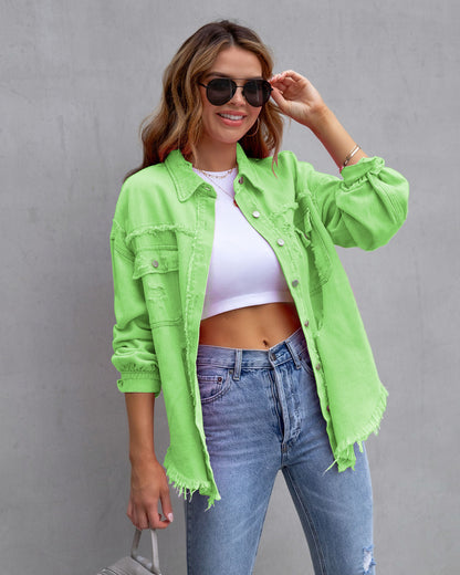 Loom & Soul Women’s Ripped Shirt Jacket – Casual Loose Fit Button-Up Top for Spring & Autumn