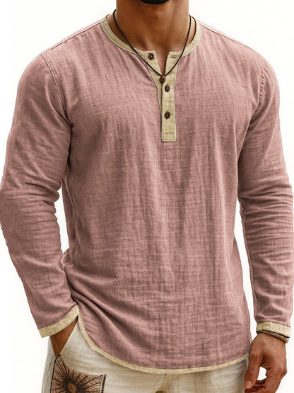 Camiseta Henley de manga larga con estampado digital bicolor para hombre – Corte ajustado de 3 botones