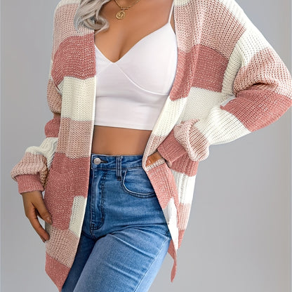 Women’s Color block Striped Cardigan – Puff Sleeve Winter Knit Sweater
