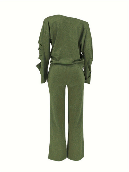 Women’s 2-Piece Off-Shoulder Distressed Set – Long Sleeve Top & Ripped Pants