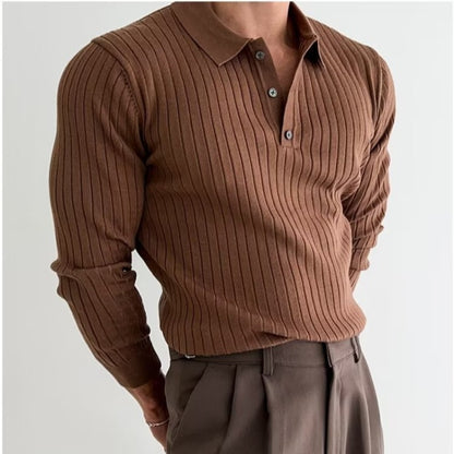 Men’s Slim Fit Long Sleeve Polo Knit – Button Lapel Style