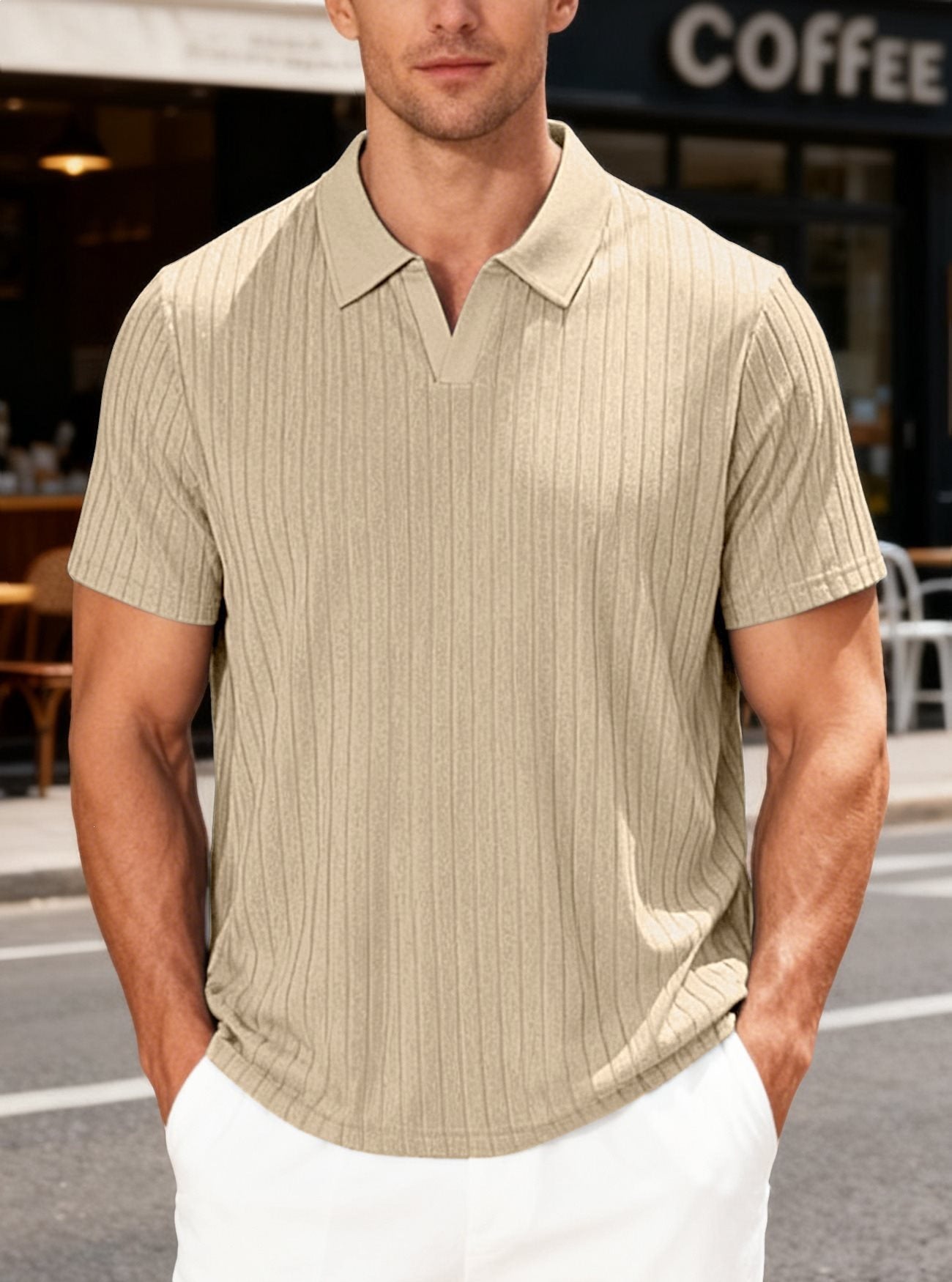 Men’s Jacquard Striped Shirt – Textured Lapel Summer Fit