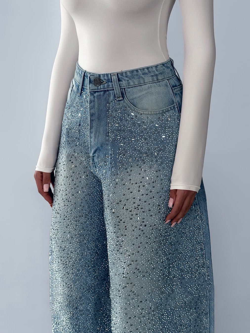 Women’s Rhinestone Vintage Denim Jeans – Irregular Sparkle Fashion Pants