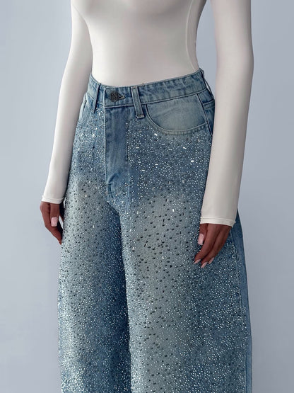 Women’s Rhinestone Vintage Denim Jeans – Irregular Sparkle Fashion Pants