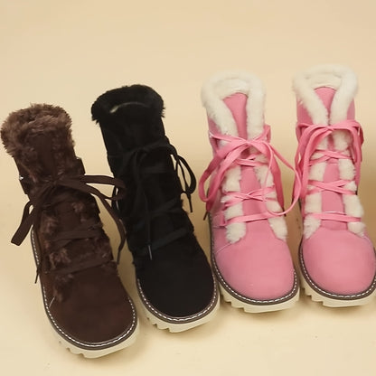 Women’s Elegant Lace-Up Winter Boots – Plush Mid-Calf Faux Fur Warm Shoes