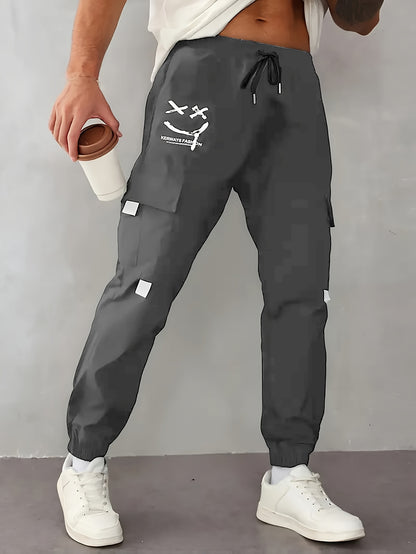 Men’s Joyful Face Work Overalls – Loose Multi-Pocket Cargo Pants