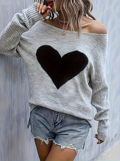 Women’s Black Heart Top – Elegant Soft Crewneck All-Season Blouse