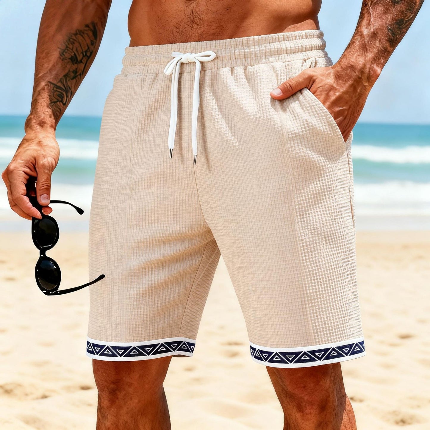 Men’s Waffle Beach Shorts – Breathable Patchwork Summer Fit