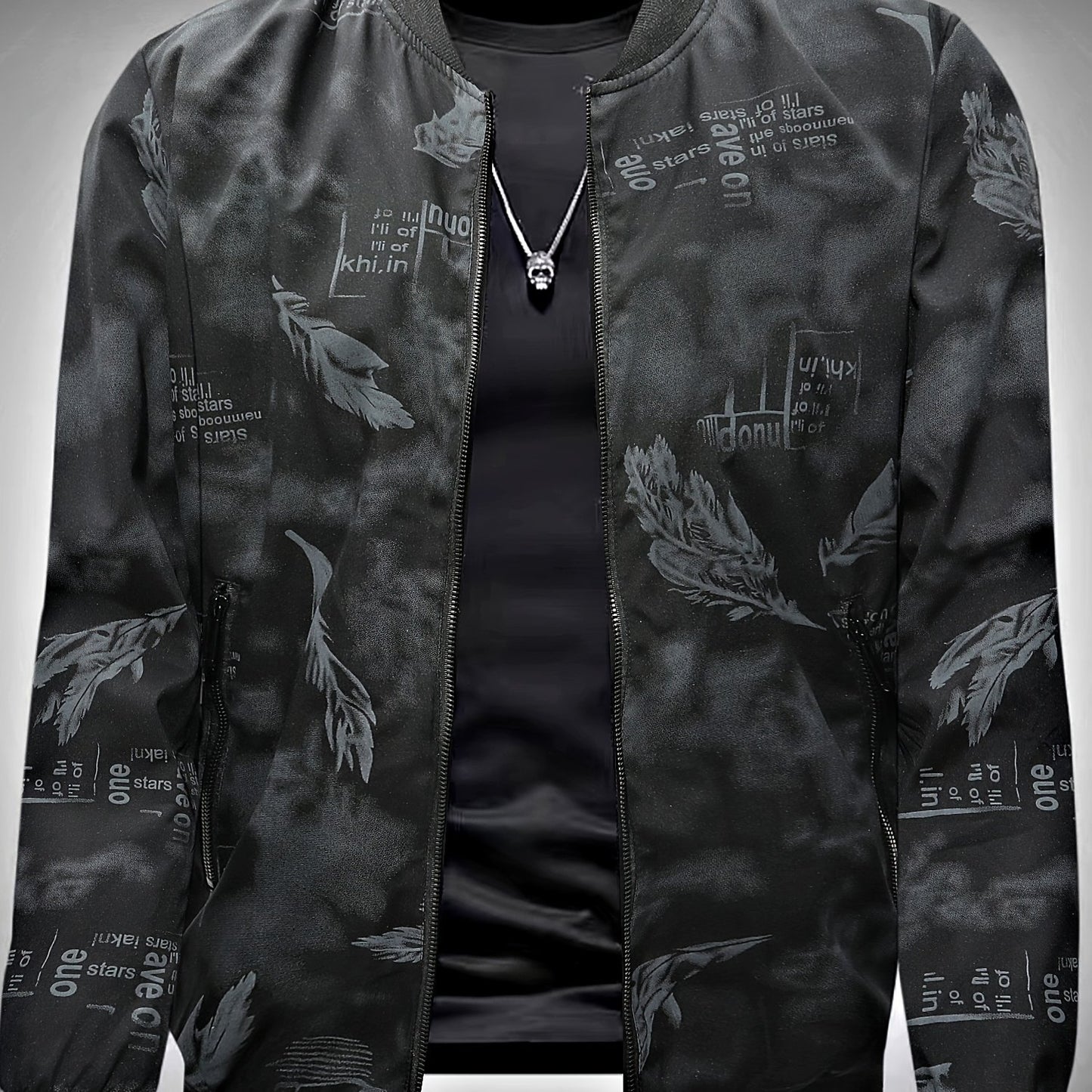 Men’s Feather Print Track Jacket – Zip-Up Baseball Collar Street Coat