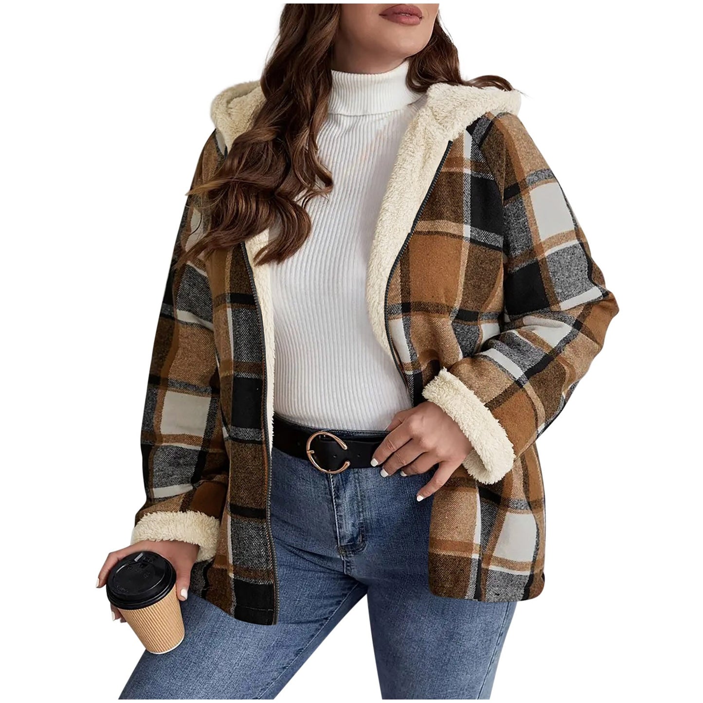 Abrigo de mujer con capucha forrado de forro polar a cuadros – Calidez retro