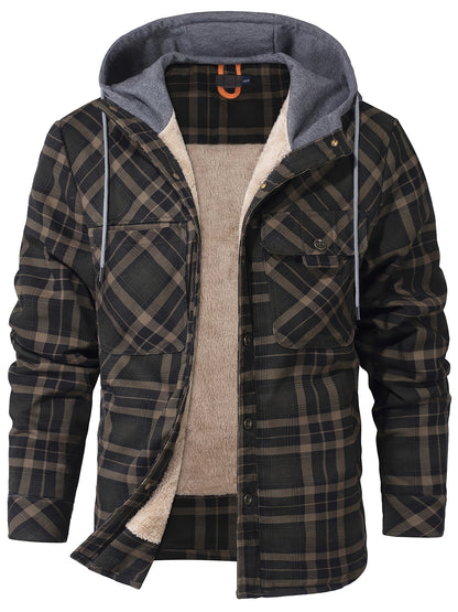 Men’s Plaid Flannel Hooded Jacket – Asymmetrical Button Tartan Coat