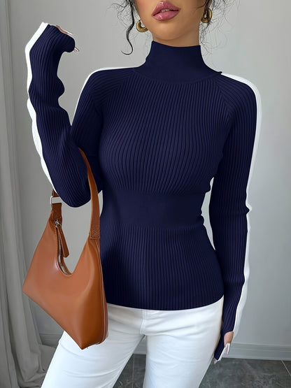 Suéter de cuello alto color block para mujer - Blusa elegante de punto suave