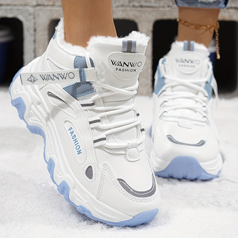 Women’s Cozy Fleece Snow Boots – White & Blue Non-Slip Thick Sole Winter Shoes