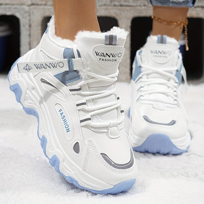 Women’s Cozy Fleece Snow Boots – White & Blue Non-Slip Thick Sole Winter Shoes