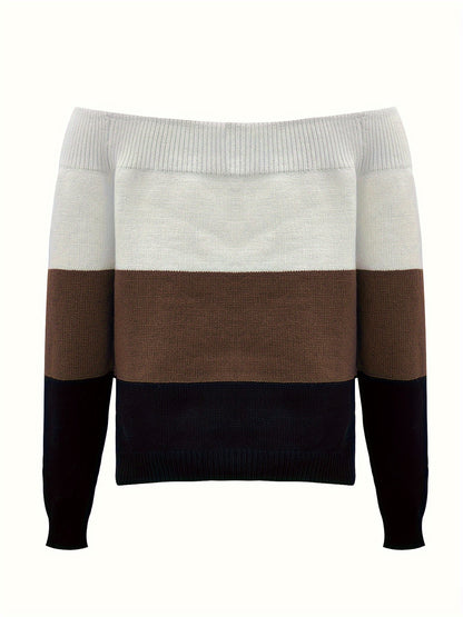 Women’s Off-Shoulder Color Block Sweater – Chic Fall Knit Pullover