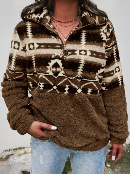 Geo Pattern Teddy Sweatshirt – Half-Zip Fleece Pullover for Fall & Winter